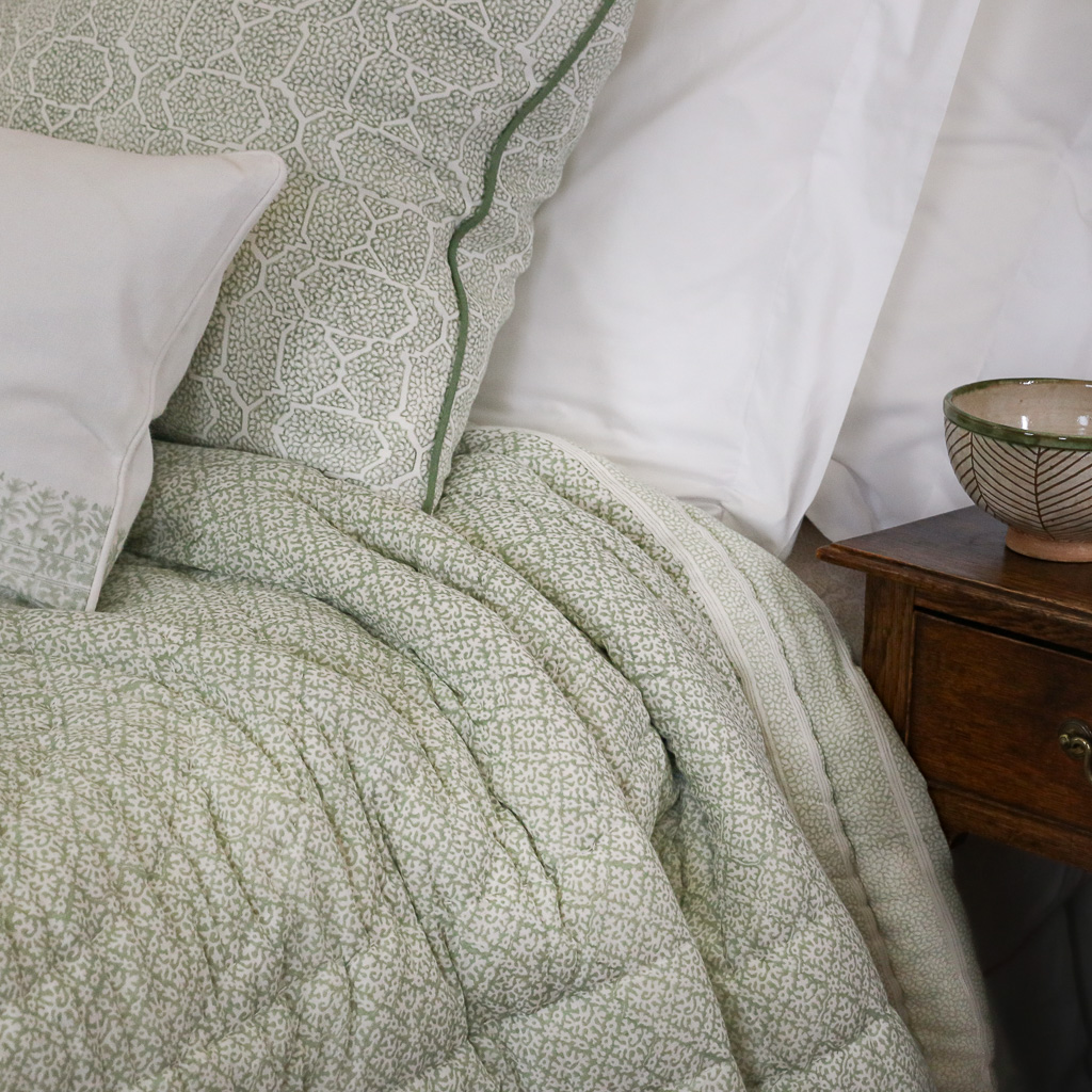 Hazel Quilt in Sage, Gauntess Cushion in Moss & Doz Cushion in Sage, indian block print fabric, block print fabric, block print quilts, block print cushions