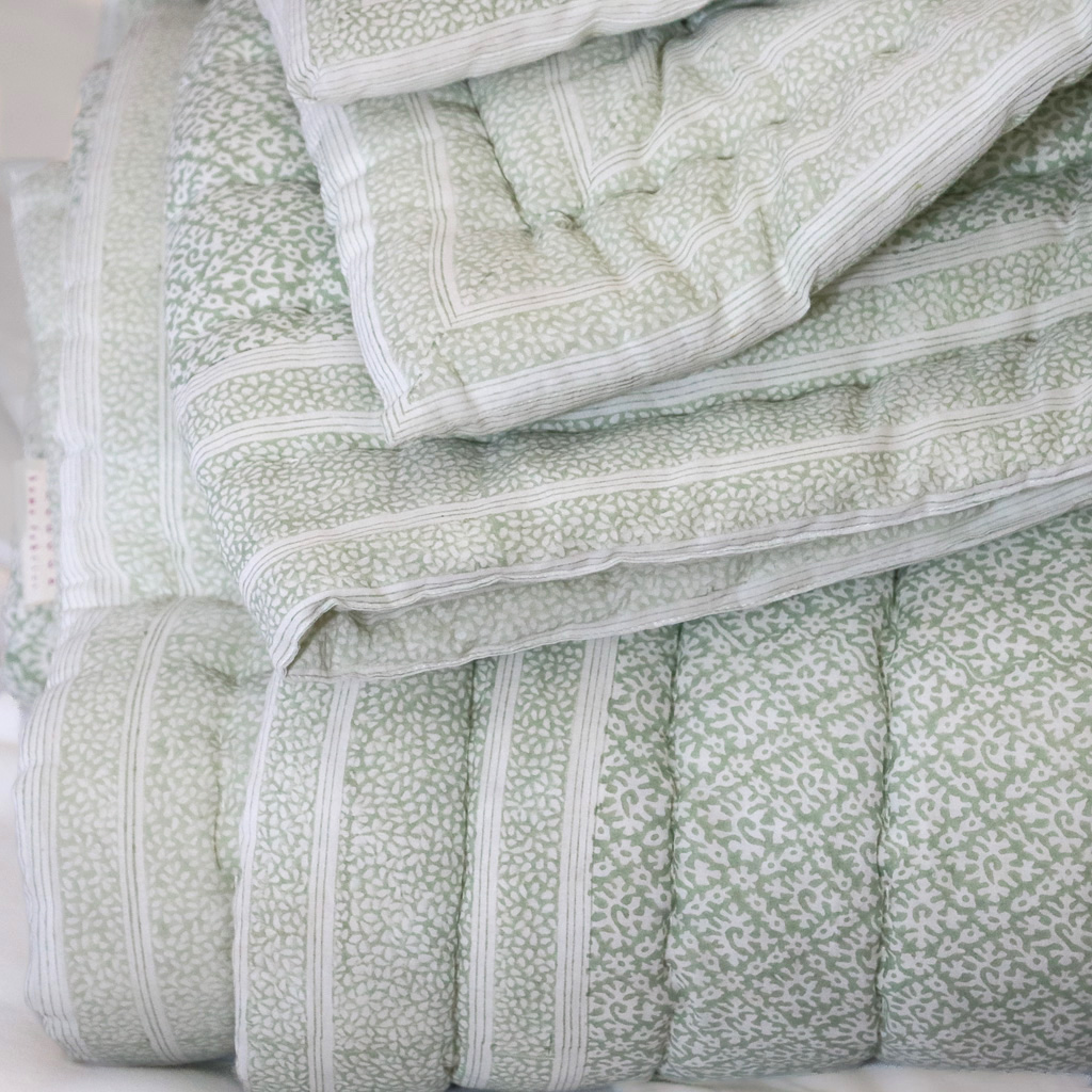 Hazel Quilt in Sage, indian block print fabric, block print fabric, block print quilts