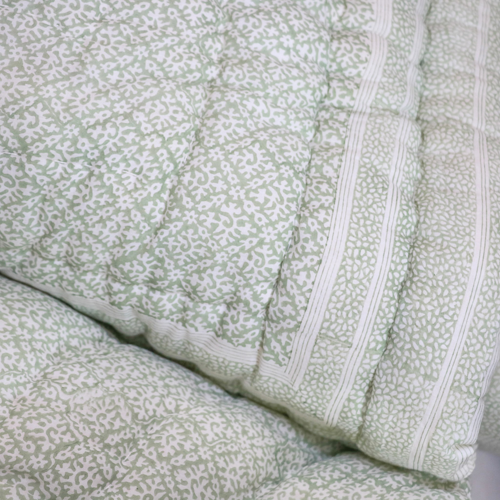 Hazel Quilt in Sage, indian block print fabric, block print fabric, block print quilts