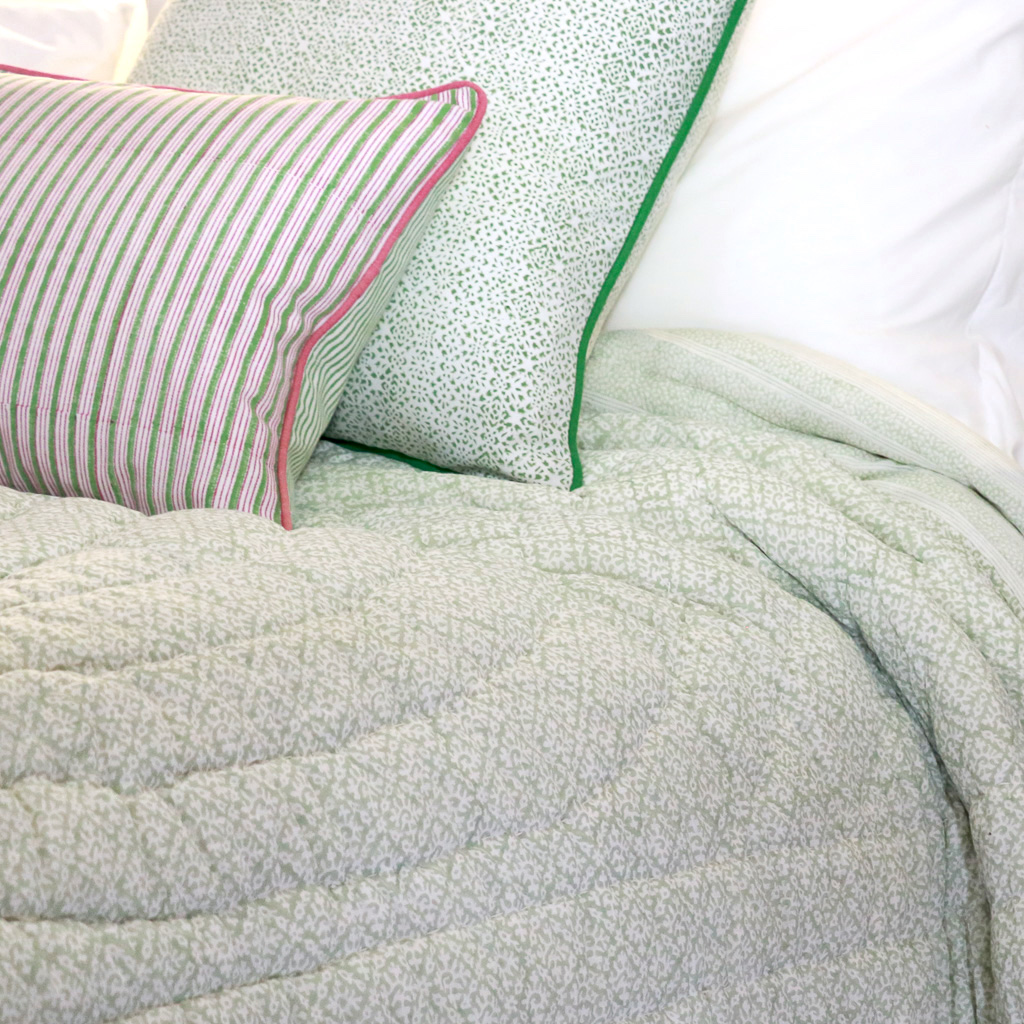 Hazel Quilt in Sage, Bridgehampton Cushion in Kelly Green, Kiki Cushion in Willow, indian block print fabric, block print fabric, block print quilts, block print cushions