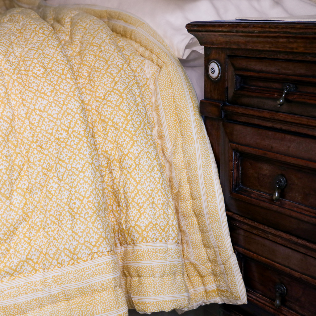 shenouk, block print quilts, indian block print, indian block print textiles, block print bedding, English interiors, luxury bedding, luxury quilts, Hazel Quilt in Daffodil