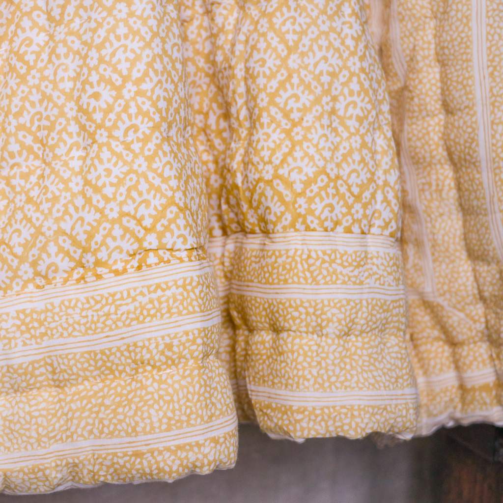 shenouk, block print quilts, indian block print, indian block print textiles, block print bedding, English interiors, luxury bedding, luxury quilts, Hazel Quilt in Daffodil