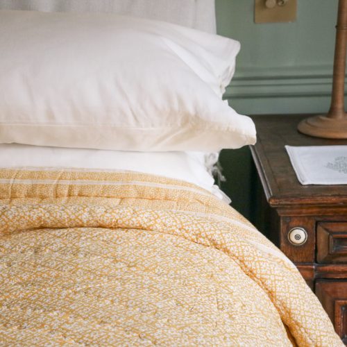shenouk, block print quilts, indian block print, indian block print textiles, block print bedding, English interiors, luxury bedding, luxury quilts, Hazel Quilt in Daffodil