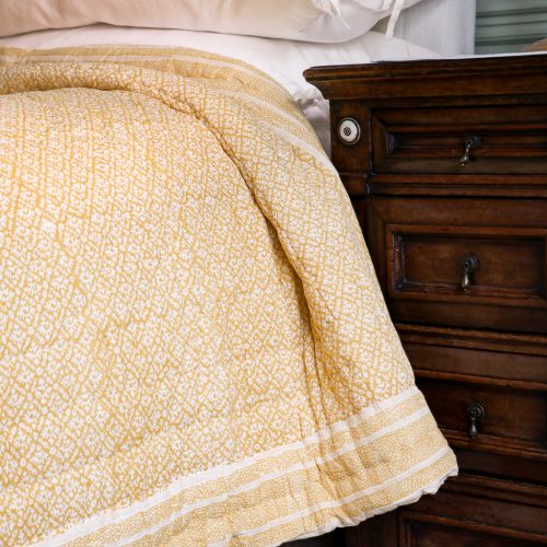 shenouk, block print quilts, indian block print, indian block print textiles, block print bedding, English interiors, luxury bedding, luxury quilts, Hazel Quilt in Daffodil