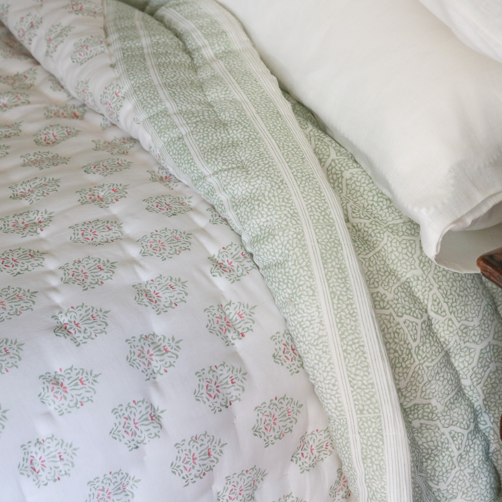 Navina & Gauntess Quilt in Spring, shenouk, Indian block print fabric, Indian block print, Indian block print quilts, block print quilts, luxury quilts