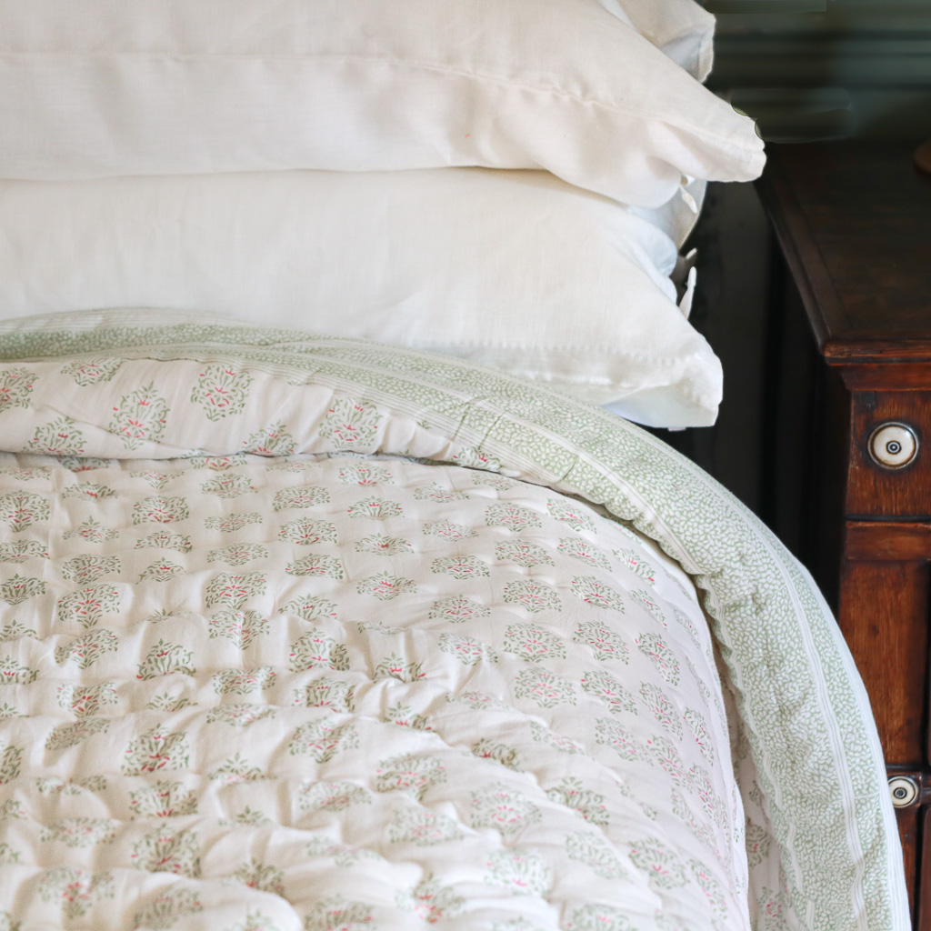 Navina & Gauntess Quilt in Spring, shenouk, Indian block print fabric, Indian block print, Indian block print quilts, block print quilts, luxury quilts