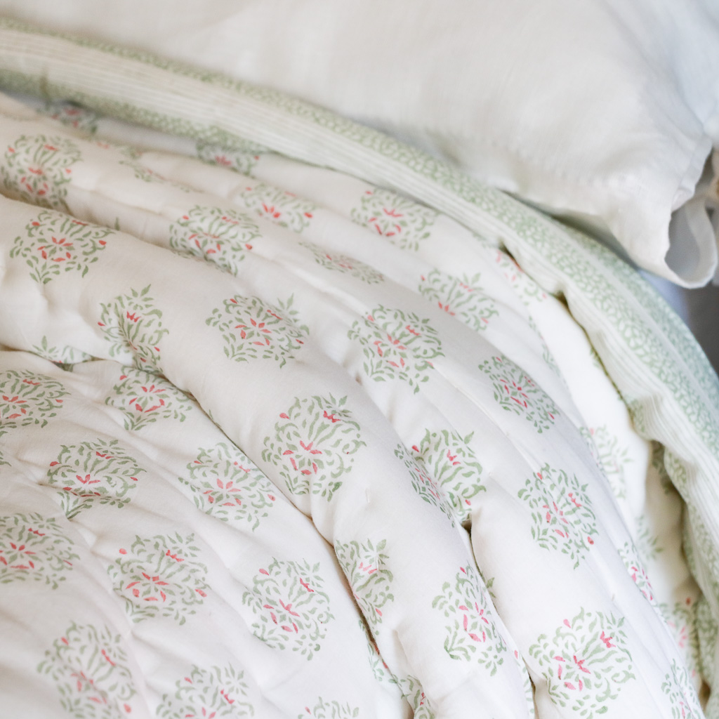 Navina & Gauntess Quilt in Spring, shenouk, Indian block print fabric, Indian block print, Indian block print quilts, block print quilts, luxury quilts