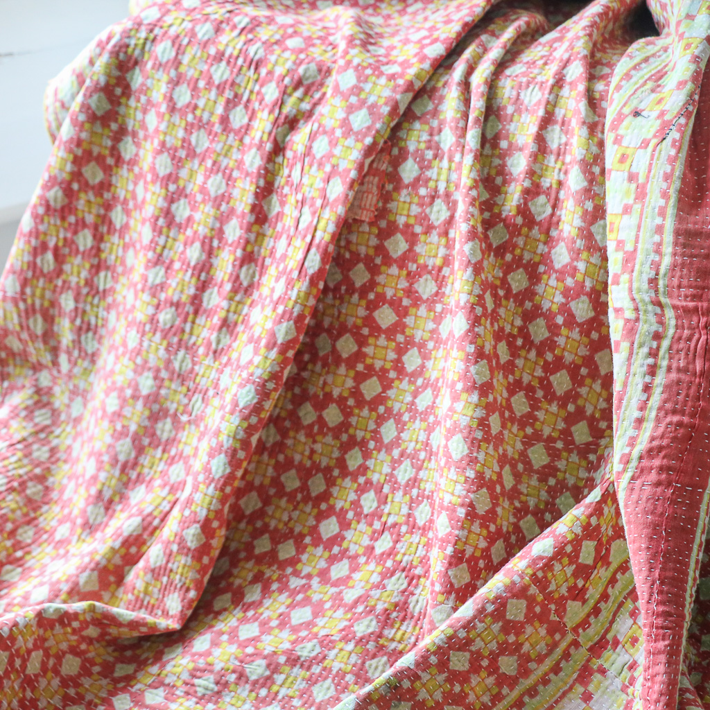 Trina Kantha. Indian hand block print fabric. Block print fabric. Indian vintage kantha