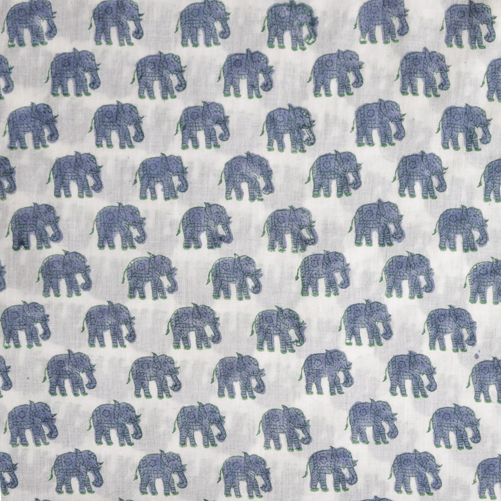 Blue Elephant Voile Block Print Fabric. Indian block print fabric. Block print fabric.