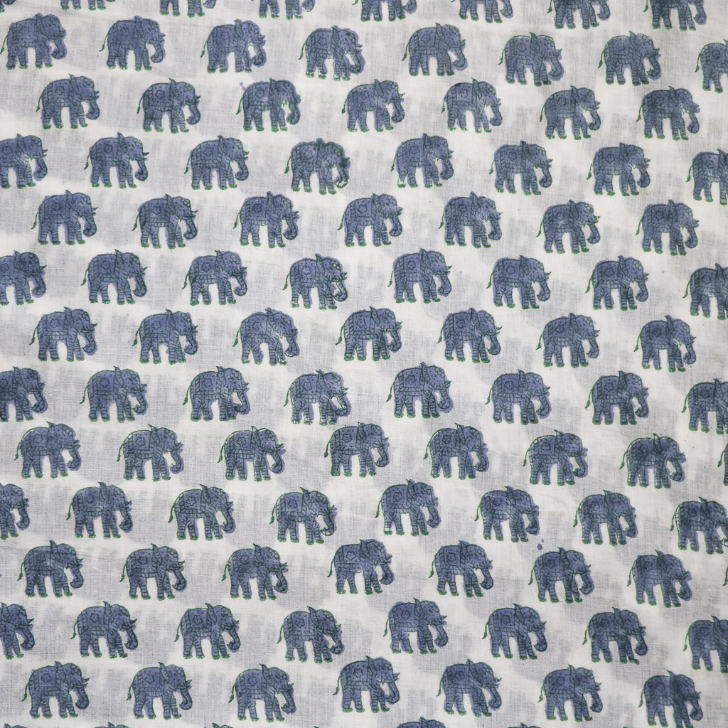 Blue Elephant Voile Block Print Fabric. Indian block print fabric. Block print fabric.