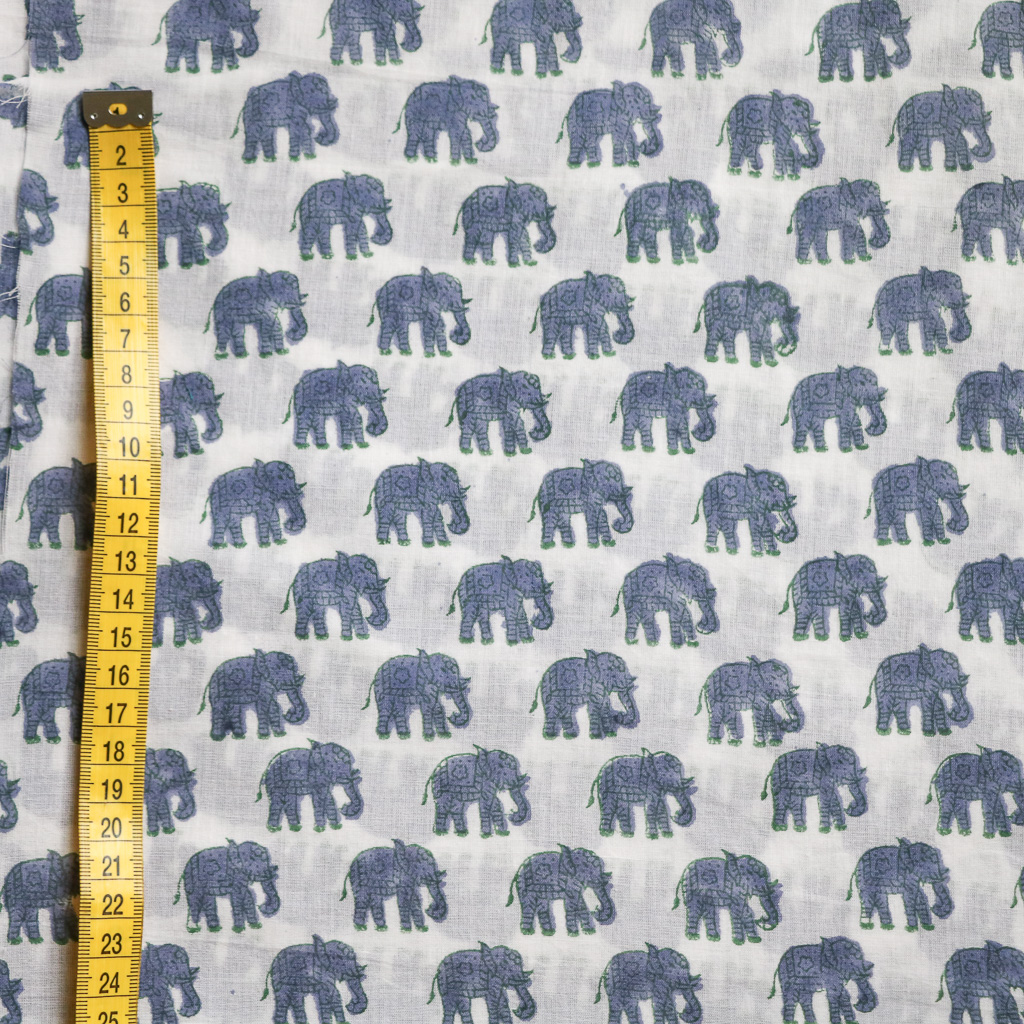 Blue Elephant Voile Block Print Fabric. Indian block print fabric. Block print fabric.