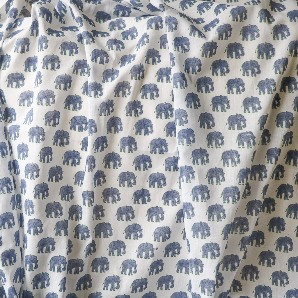 Blue Elephant Voile Block Print Fabric. Indian block print fabric. Block print fabric.