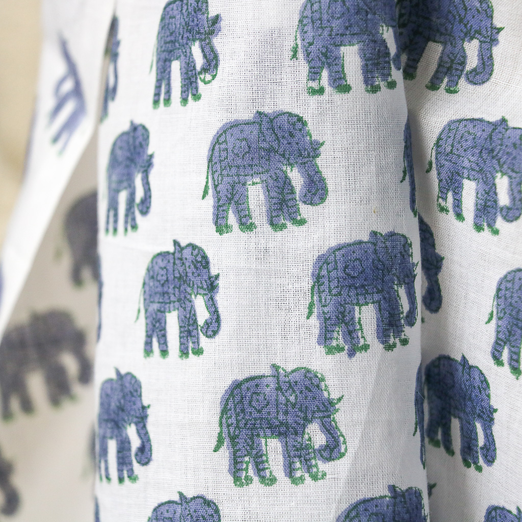 Blue Elephant Voile Block Print Fabric. Indian block print fabric. Block print fabric.