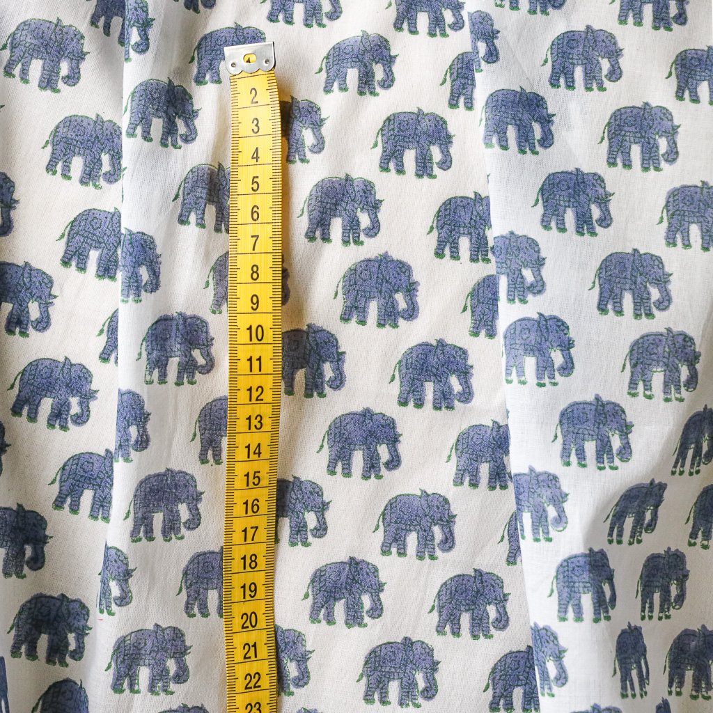 Blue Elephant Voile Block Print Fabric. Indian block print fabric. Block print fabric.