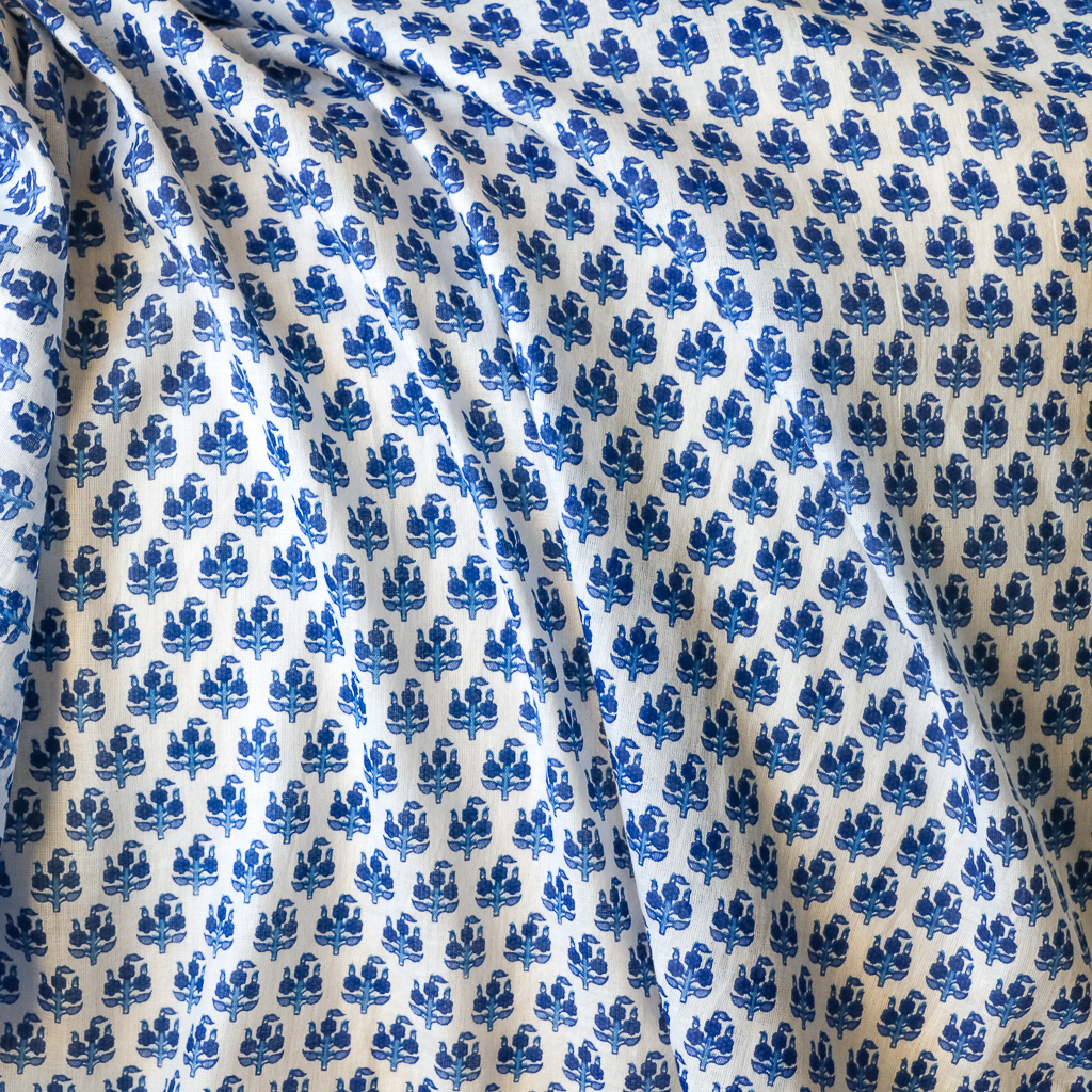 Blue Small Flower Voile. Indian block print fabric. Block print fabric.