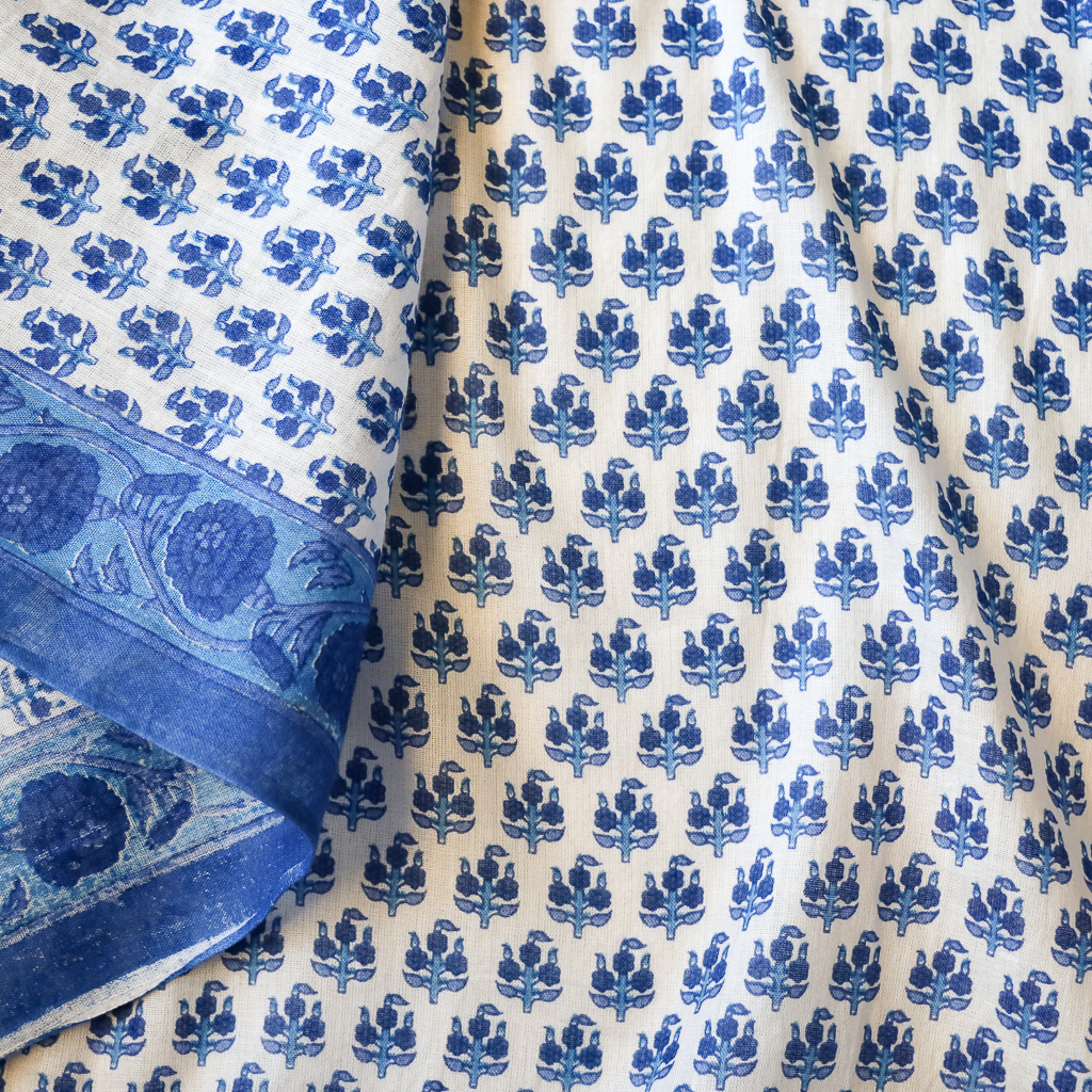 Indian block print voile fabric with blue Small flower design
