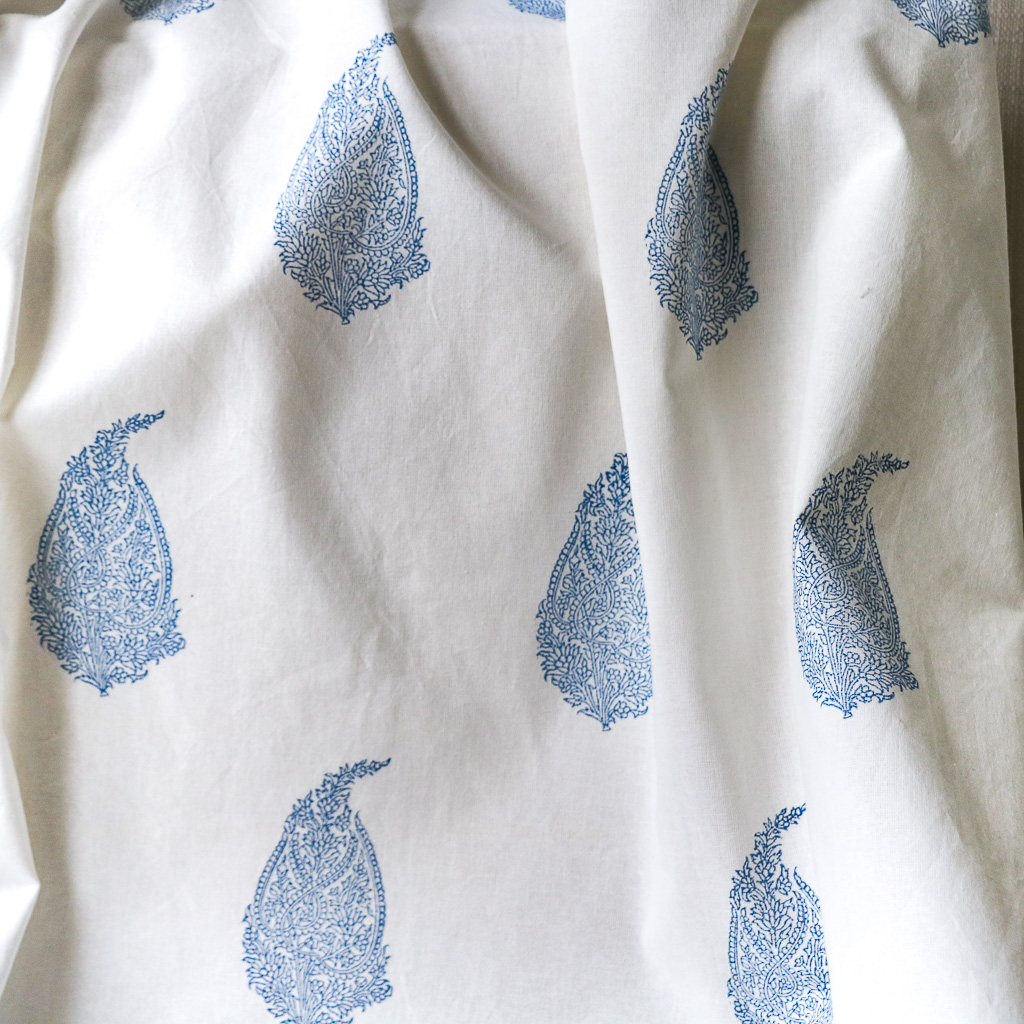 Bright Blue Paisley Fabric. Indian block print fabric. Block print fabric.