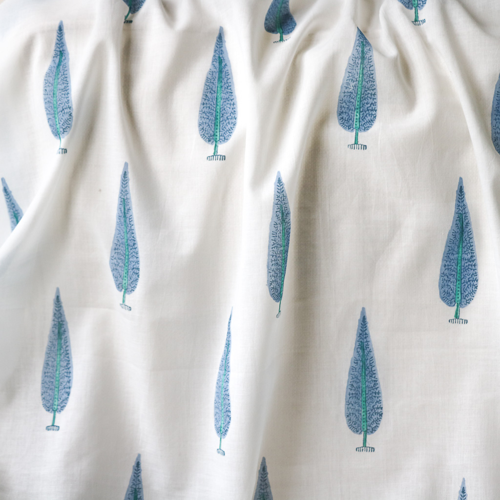 Blue Cypress Trees Block Print Fabric. Indian block print fabric. Block print fabric.