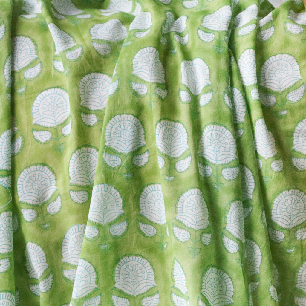 Lime Flower Voile Block Print Fabric. Indian block print fabric. Block print fabric.