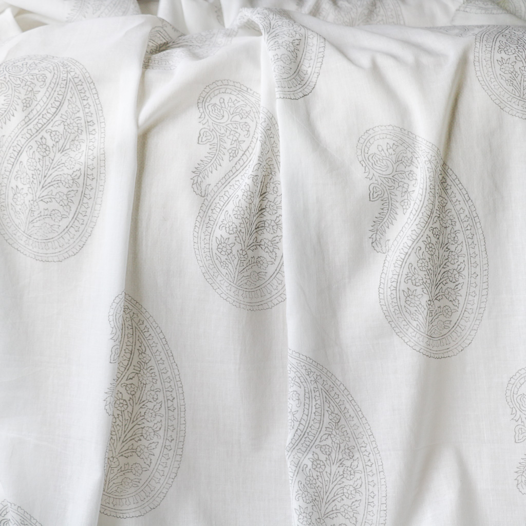 White Paisley Voile Block Print Fabric. Indian block print fabric. Block print fabric.