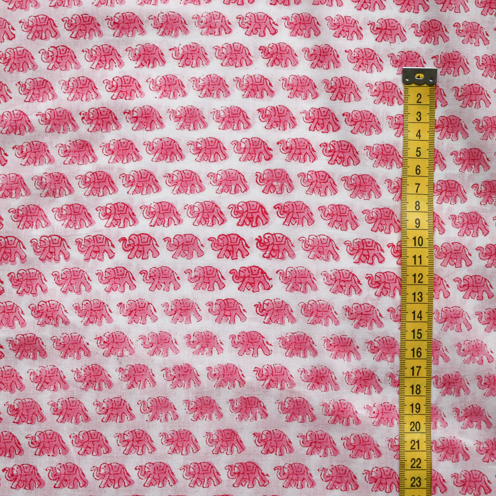 Classic Pink Elephant Voile Block Print Fabric. Indian block print fabric. Block print fabric.