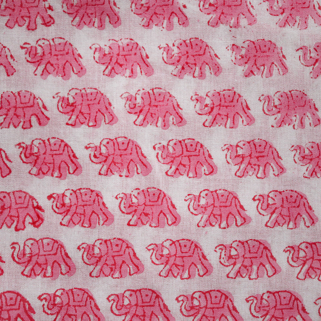 Classic Pink Elephant Voile Block Print Fabric. Indian block print fabric. Block print fabric.