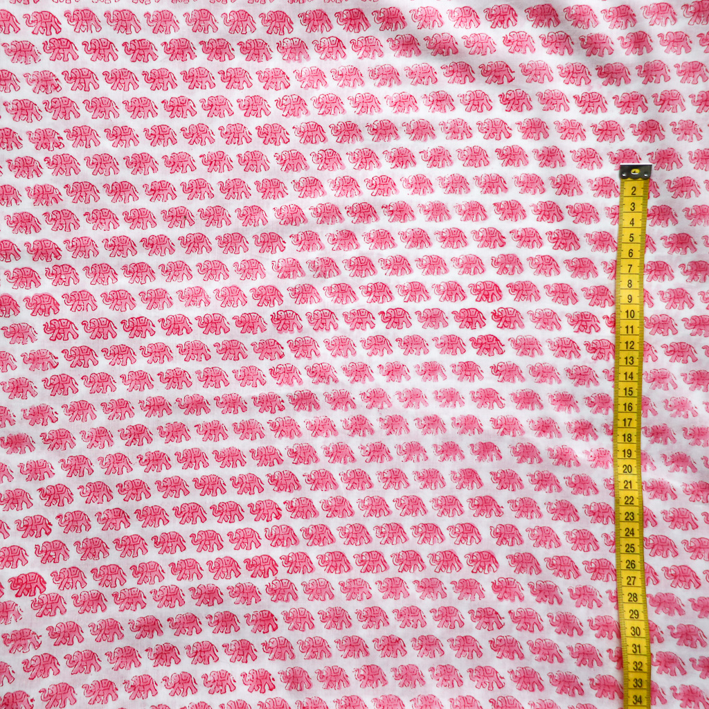 Classic Pink Elephant Voile Block Print Fabric. Indian block print fabric. Block print fabric.