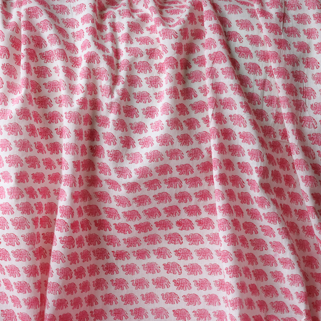Classic Pink Elephant Voile Block Print Fabric. Indian block print fabric. Block print fabric.