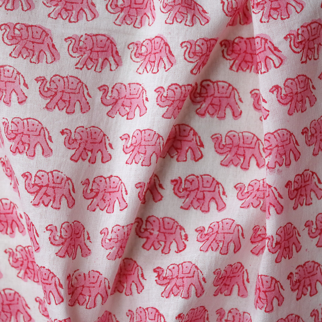 Classic Pink Elephant Voile Block Print Fabric. Indian block print fabric. Block print fabric.