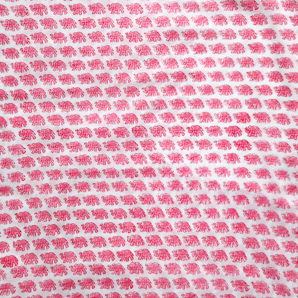 Classic Pink Elephant Voile Block Print Fabric. Indian block print fabric. Block print fabric.
