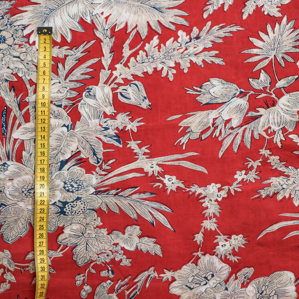 Red Tropical Floral Cotton Block Print Fabric. Indian block print fabric. Block print fabric.