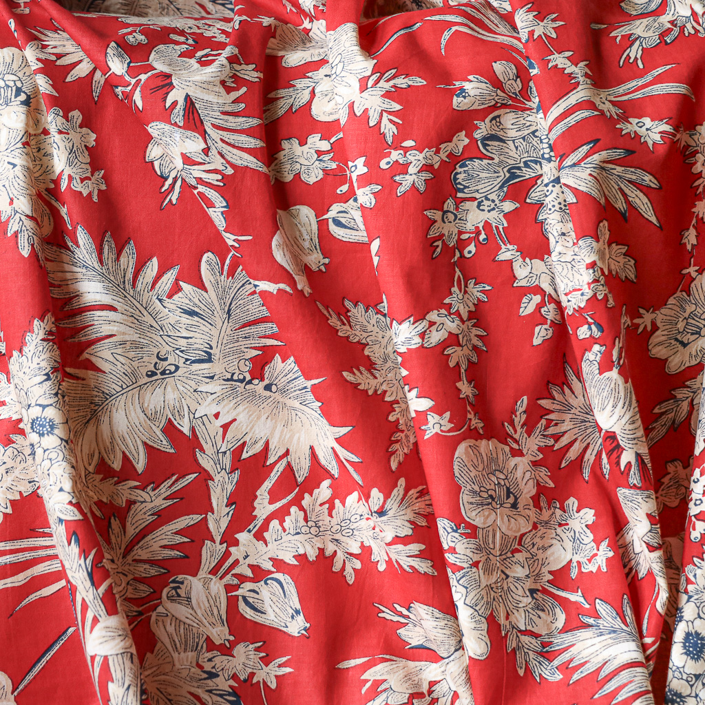 Red Tropical Floral Cotton Block Print Fabric. Indian block print fabric. Block print fabric.