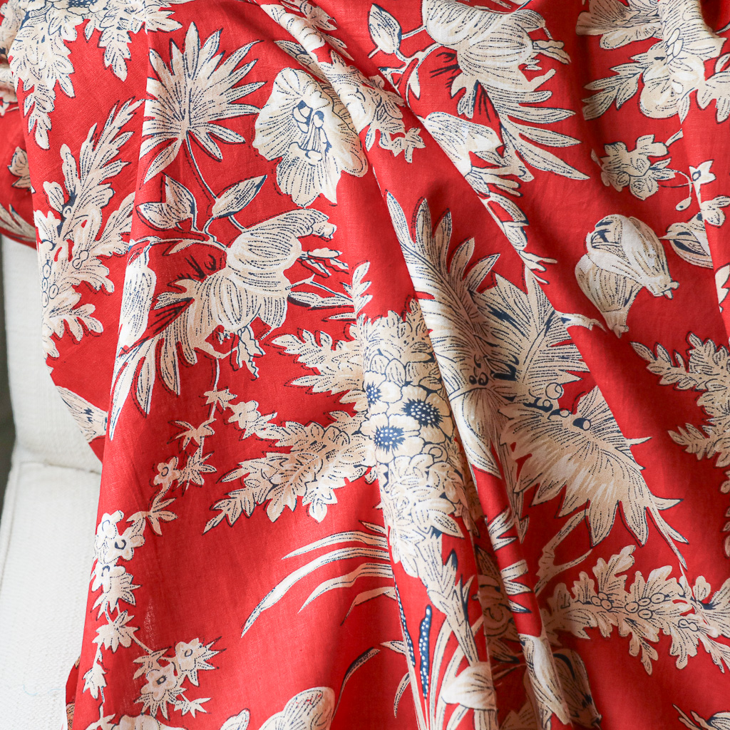 Red Tropical Floral Cotton Block Print Fabric. Indian block print fabric. Block print fabric.