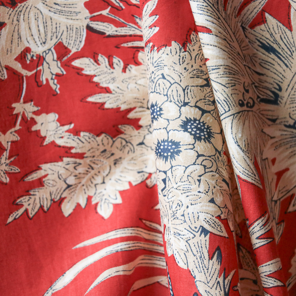 Red Tropical Floral Cotton Block Print Fabric. Indian block print fabric. Block print fabric.