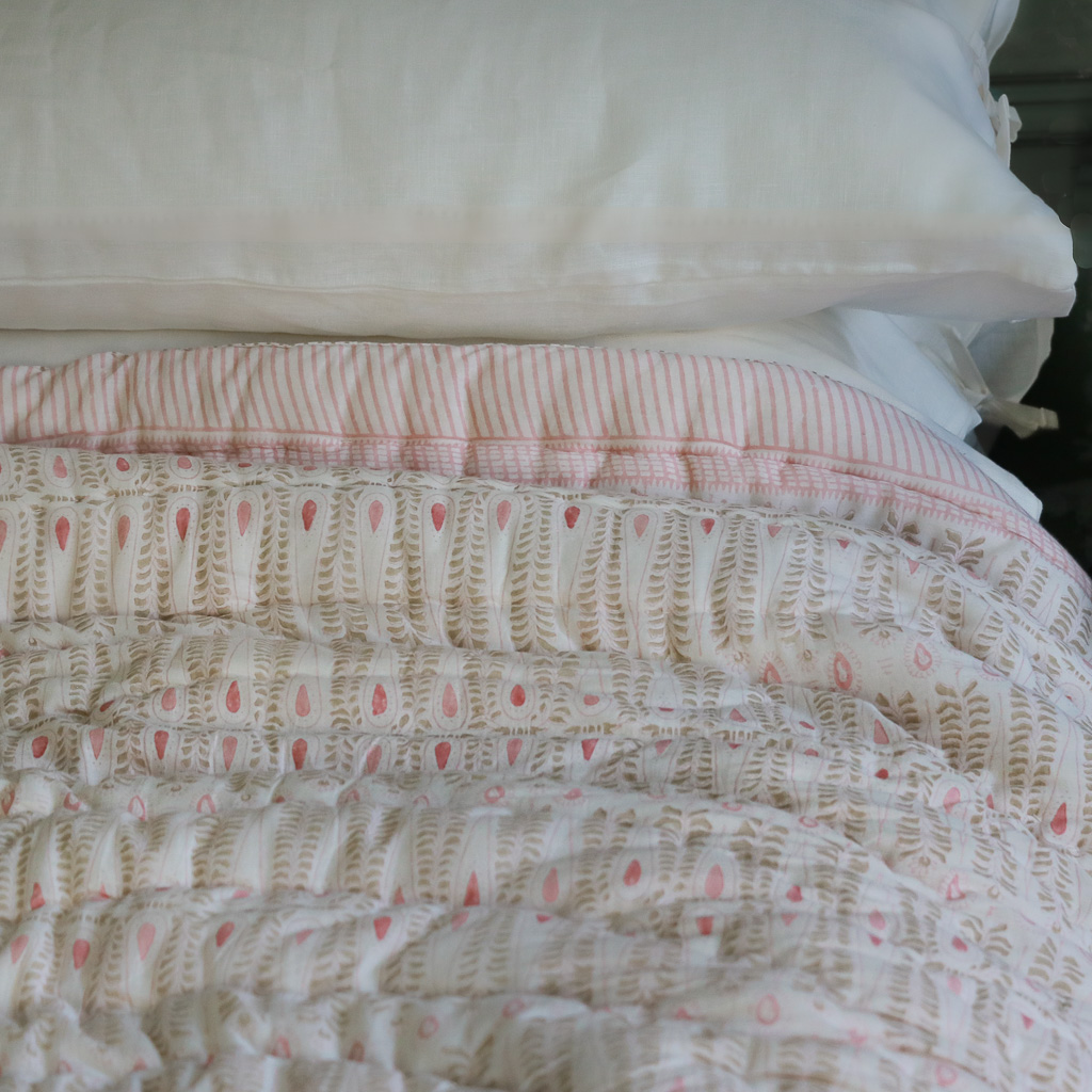 Carolla Quilt in Dusty Rose & Sand, shenouk, Indian block print fabric, Indian block print, Indian block print quilts, block print quilts, luxury quilts