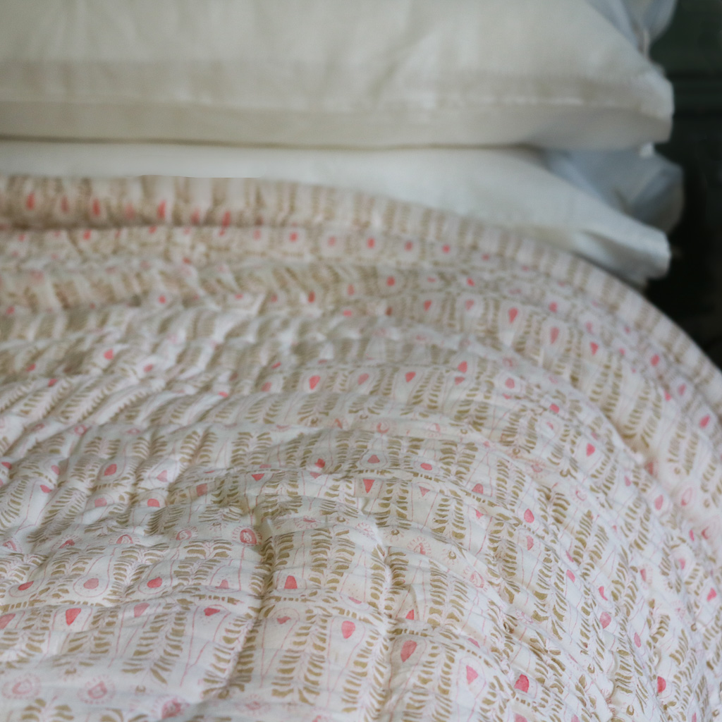 Carolla Quilt in Dusty Rose & Sand, shenouk, Indian block print fabric, Indian block print, Indian block print quilts, block print quilts, luxury quilts