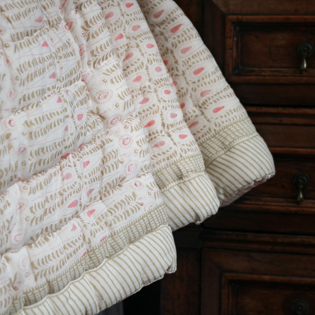 Carolla Quilt in Dusty Rose & Sand, shenouk, Indian block print fabric, Indian block print, Indian block print quilts, block print quilts, luxury quilts