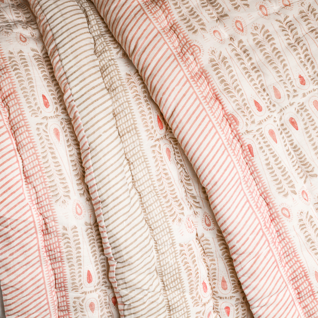 Carolla Quilt in Dusty Rose & Sand, shenouk, Indian block print fabric, Indian block print, Indian block print quilts, block print quilts, luxury quilts