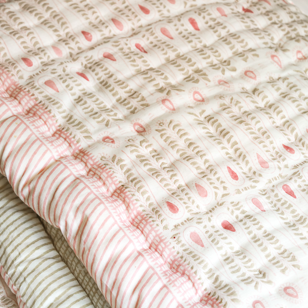 Carolla Quilt in Dusty Rose & Sand, shenouk, Indian block print fabric, Indian block print, Indian block print quilts, block print quilts, luxury quilts