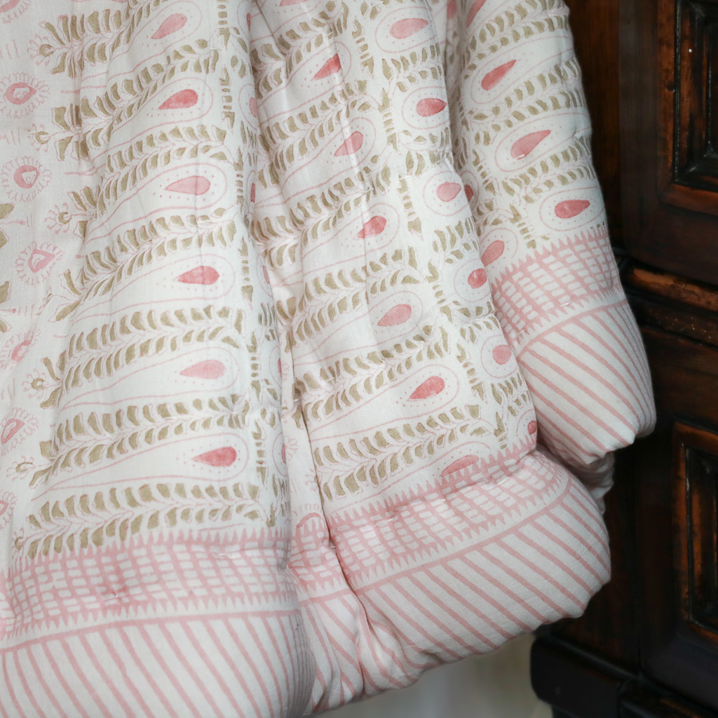 Carolla Quilt in Dusty Rose & Sand, shenouk, Indian block print fabric, Indian block print, Indian block print quilts, block print quilts, luxury quilts