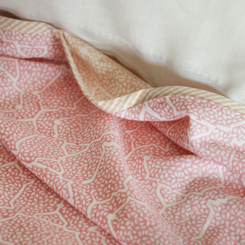 Gauntess Dohar in Dusty Rose & Chestnut, indian block print fabric, indian block print, block print sheets, pink sheets, luxury sheets, luxury bedding, shenouk