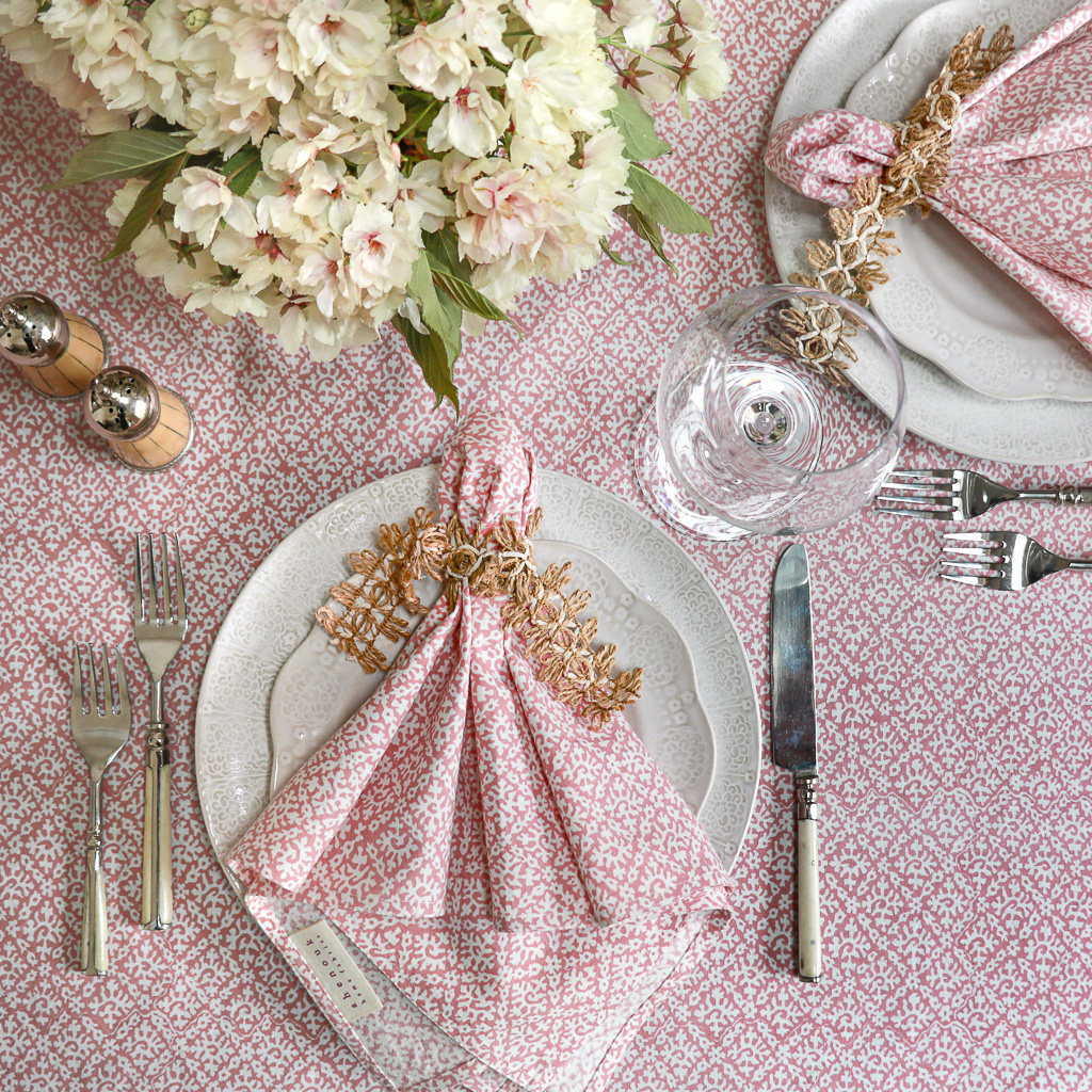 Hazel Tablecloth in Dusty Rose & Hazel Napkins in Dusty Rose, shenouk, Indian block print fabric, Indian block print, Indian block print tablecloths, block print tablecloths, luxury table linen Hazel Tablecloth in Dusty Rose & Hazel Napkins in Dusty Rose, shenouk, Indian block print fabric, Indian block print, Indian block print tablecloths, block print tablecloths, luxury table linen