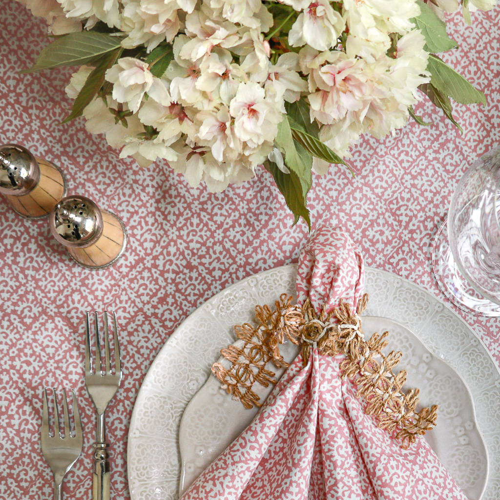 Hazel Tablecloth in Dusty Rose & Hazel Napkins in Dusty Rose, shenouk, Indian block print fabric, Indian block print, Indian block print tablecloths, block print tablecloths, luxury table linen Hazel Tablecloth in Dusty Rose & Hazel Napkins in Dusty Rose, shenouk, Indian block print fabric, Indian block print, Indian block print tablecloths, block print tablecloths, luxury table linen