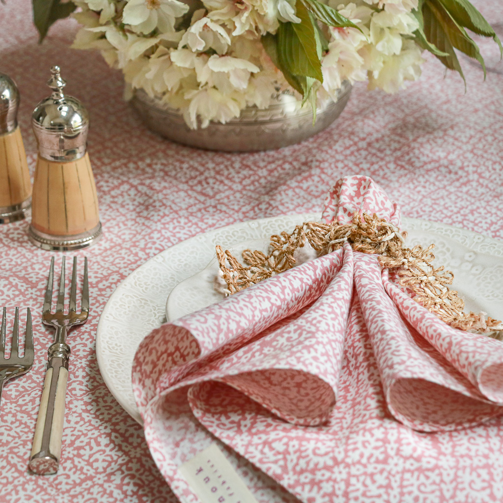 Hazel Tablecloth in Dusty Rose & Hazel Napkins in Dusty Rose, shenouk, Indian block print fabric, Indian block print, Indian block print tablecloths, block print tablecloths, luxury table linen Hazel Tablecloth in Dusty Rose & Hazel Napkins in Dusty Rose, shenouk, Indian block print fabric, Indian block print, Indian block print tablecloths, block print tablecloths, luxury table linen