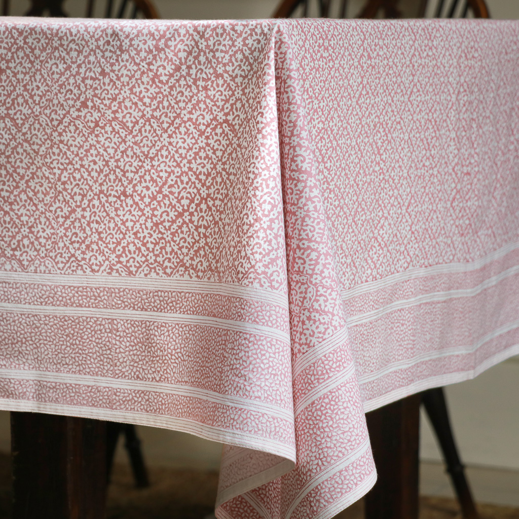 Hazel Tablecloth in Dusty Rose, shenouk, Indian block print fabric, Indian block print, Indian block print tablecloths, block print tablecloths, luxury table linen table linen Hazel Tablecloth in Dusty Rose, shenouk, Indian block print fabric, Indian block print, Indian block print tablecloths, block print tablecloths, luxury table linen