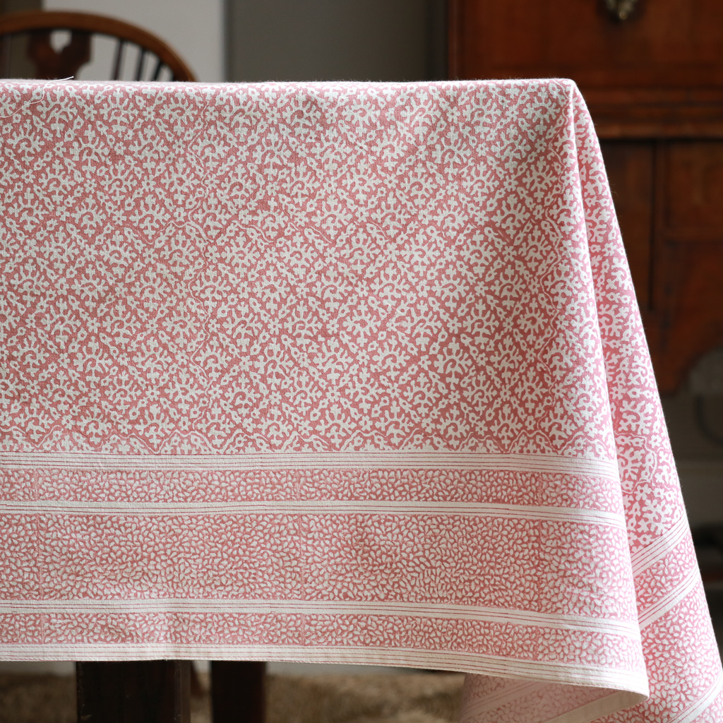 Hazel Tablecloth in Dusty Rose, shenouk, Indian block print fabric, Indian block print, Indian block print tablecloths, block print tablecloths, luxury table linen Hazel Tablecloth in Dusty Rose, shenouk, Indian block print fabric, Indian block print, Indian block print tablecloths, block print tablecloths, luxury table linen