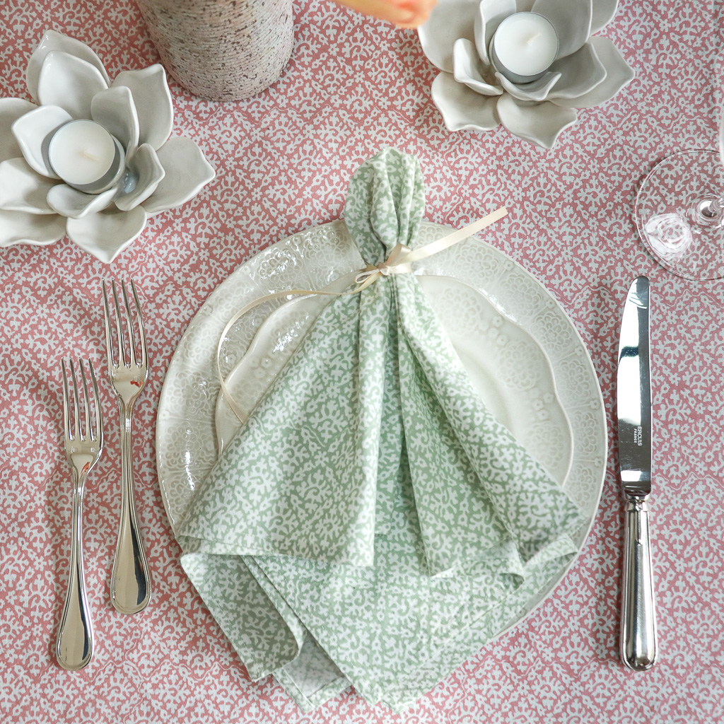 Hazel Tablecloth in Dusty Rose & Hazel Napkins in Sage, shenouk, Indian block print fabric, Indian block print, Indian block print tablecloths, block print tablecloths, luxury table linen Hazel Tablecloth in Dusty Rose & Hazel Napkins in Sage, shenouk, Indian block print fabric, Indian block print, Indian block print tablecloths, block print tablecloths, luxury table linen