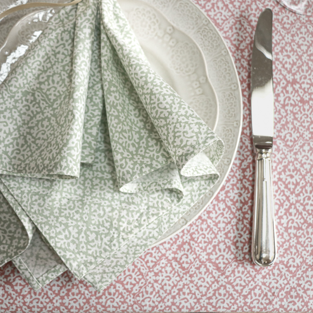 Hazel Tablecloth in Dusty Rose & Hazel Napkins in Sage, shenouk, Indian block print fabric, Indian block print, Indian block print tablecloths, block print tablecloths, luxury table linen Hazel Tablecloth in Dusty Rose & Hazel Napkins in Sage, shenouk, Indian block print fabric, Indian block print, Indian block print tablecloths, block print tablecloths, luxury table linen