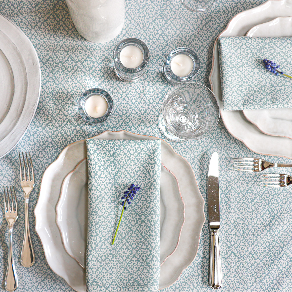 Hazel Tablecloth in Carolina Blue & Hazel Napkins in Carolina Blue, shenouk, Indian block print fabric, Indian block print, Indian block print tablecloths, block print tablecloths, luxury table linen