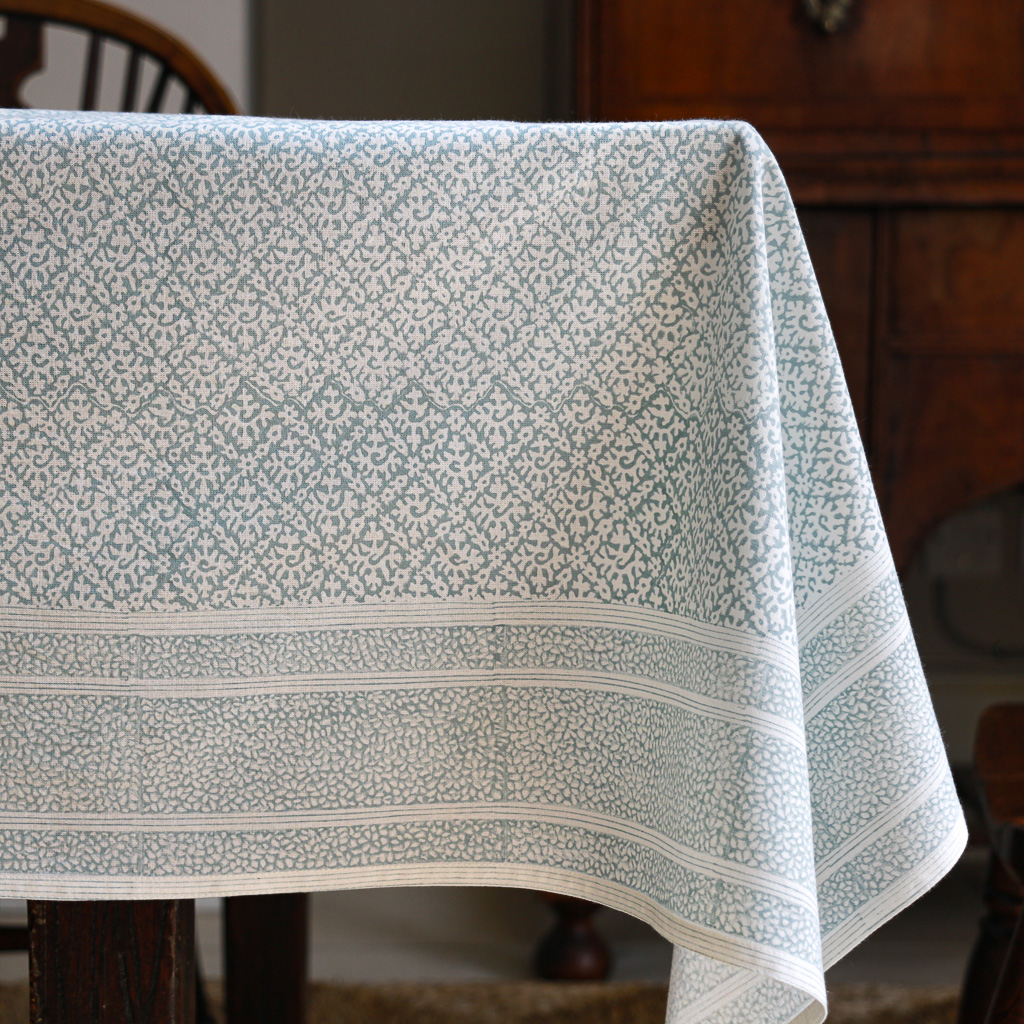 Hazel Tablecloth in Carolina Blue, shenouk, Indian block print fabric, Indian block print, Indian block print tablecloths, block print tablecloths, luxury table linen Hazel Tablecloth in Carolina Blue, shenouk, Indian block print fabric, Indian block print, Indian block print tablecloths, block print tablecloths, luxury table linen